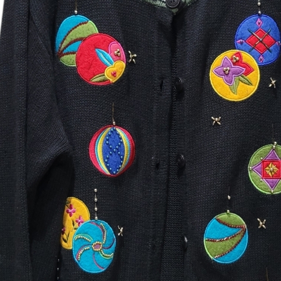 XL VTG Ramie/Cotton Christmas Ornament Patchwork Button Down Cardigan Sweater - Picture 5 of 7